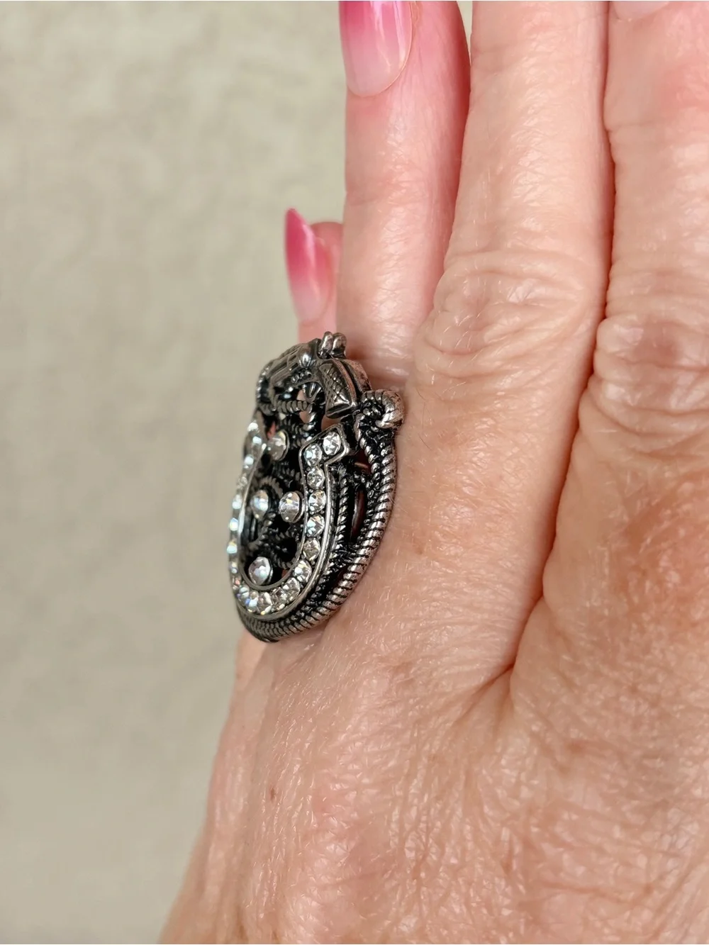 Western Silver-Tone Horseshoe Crystal Statement Ring